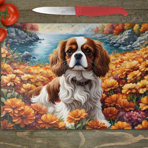 Cavalier King Charles Dog Fall Kitchen Textured Glass Trivet/Cutting Board - Picture 1 of 2